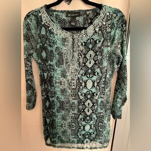 INC International Concepts Green & Black Snake Print Top W/Bling Detail, Small